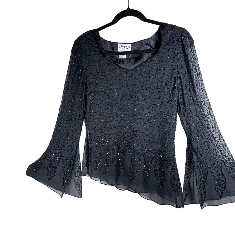 Vintage JMD Top‎ Beaded Shear Bell Split Sleeves Lined Body Asymmetrical Hem.